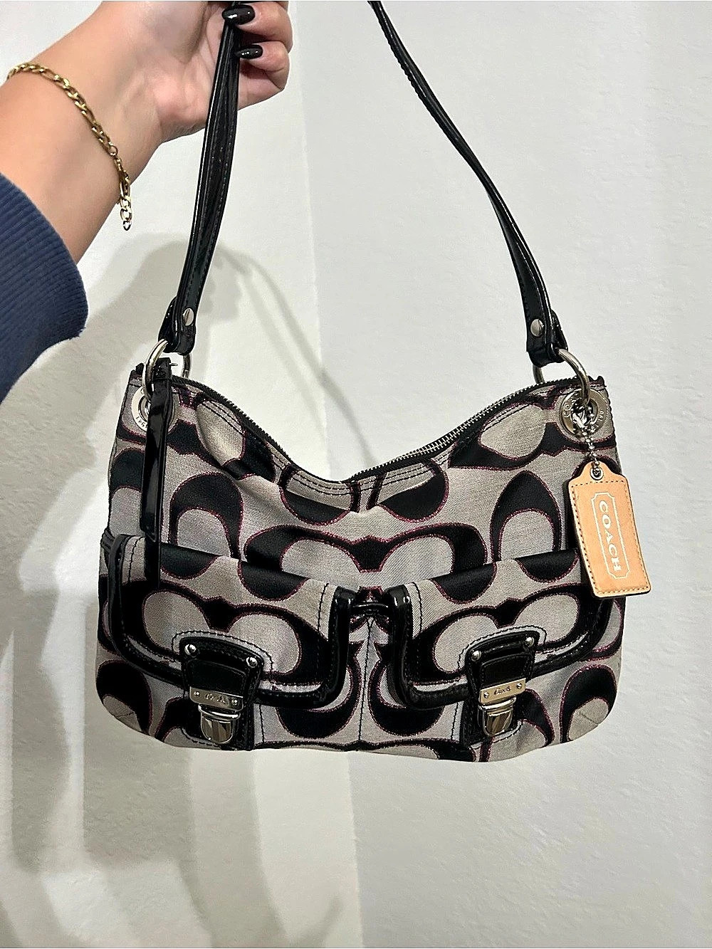 Coach Lurex Signature Shoulder Bag in Black & Pink